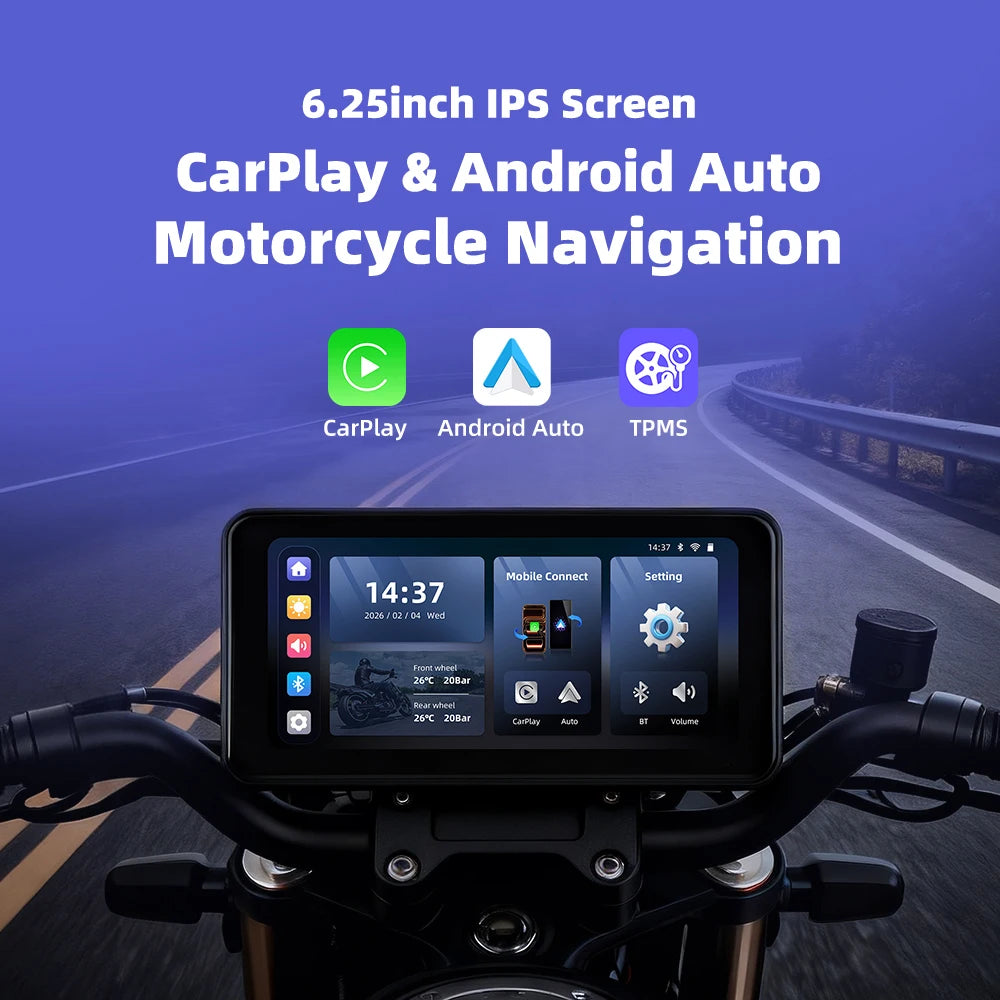 6.25" Wireless Carplay Moto Android Auto Portable Digital Motorcycle Dashboard GPS Navigation Display Screen TPMS Monitor