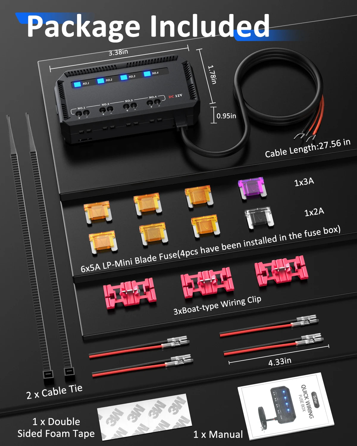 12V Motorcycle Fuse Box Universal Automotive Fuse Block with 4 Circuits Low Profile Mini Blade LED Indicator Fuse Holder