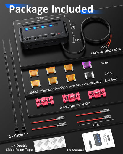 12V Motorcycle Fuse Box Universal Automotive Fuse Block with 4 Circuits Low Profile Mini Blade LED Indicator Fuse Holder