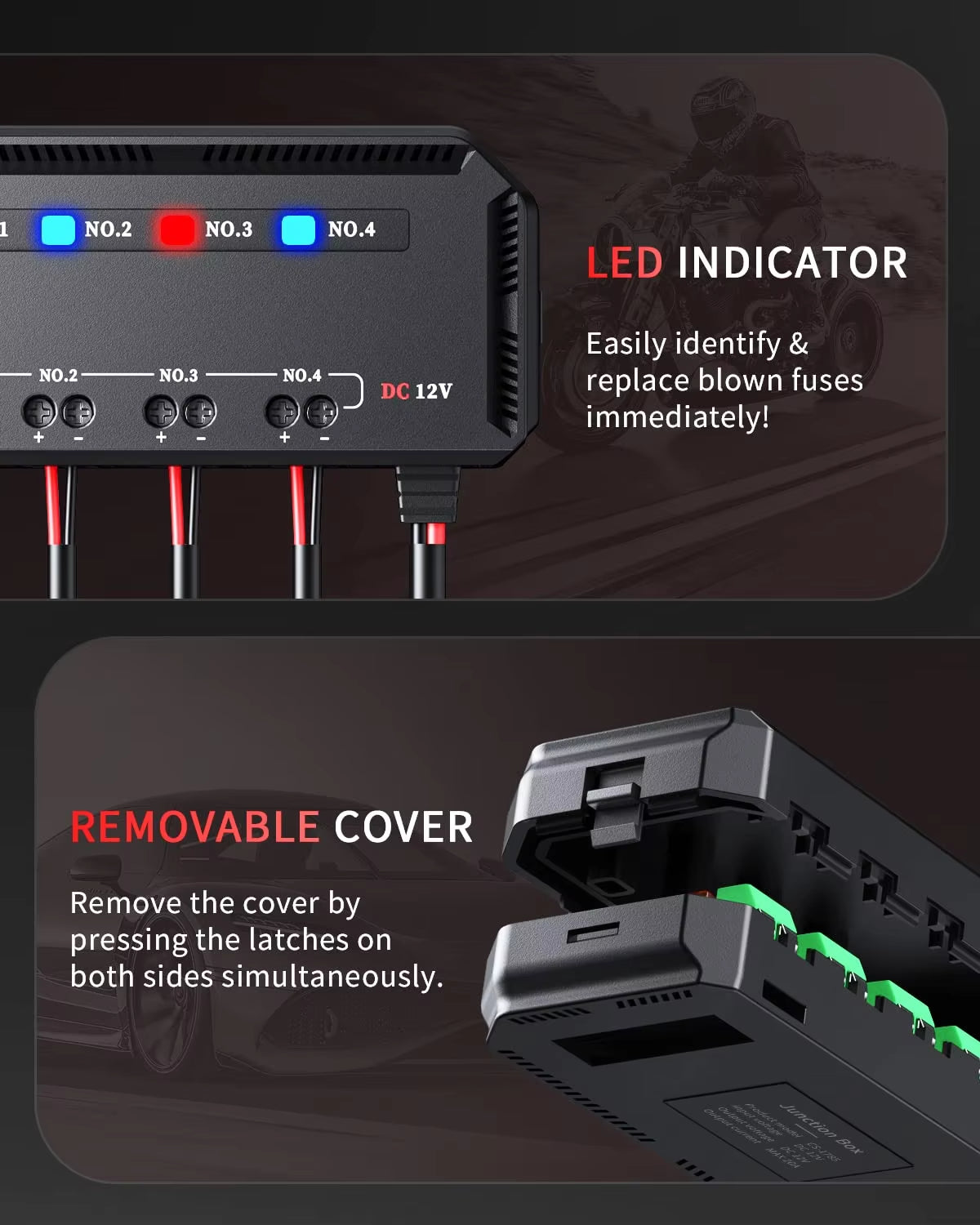 12V Motorcycle Fuse Box Universal Automotive Fuse Block with 4 Circuits Low Profile Mini Blade LED Indicator Fuse Holder